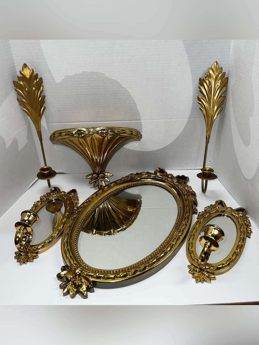 Home Interiors Gold Ornate Oval Mirror with Matching Sconces and Shelf MCM